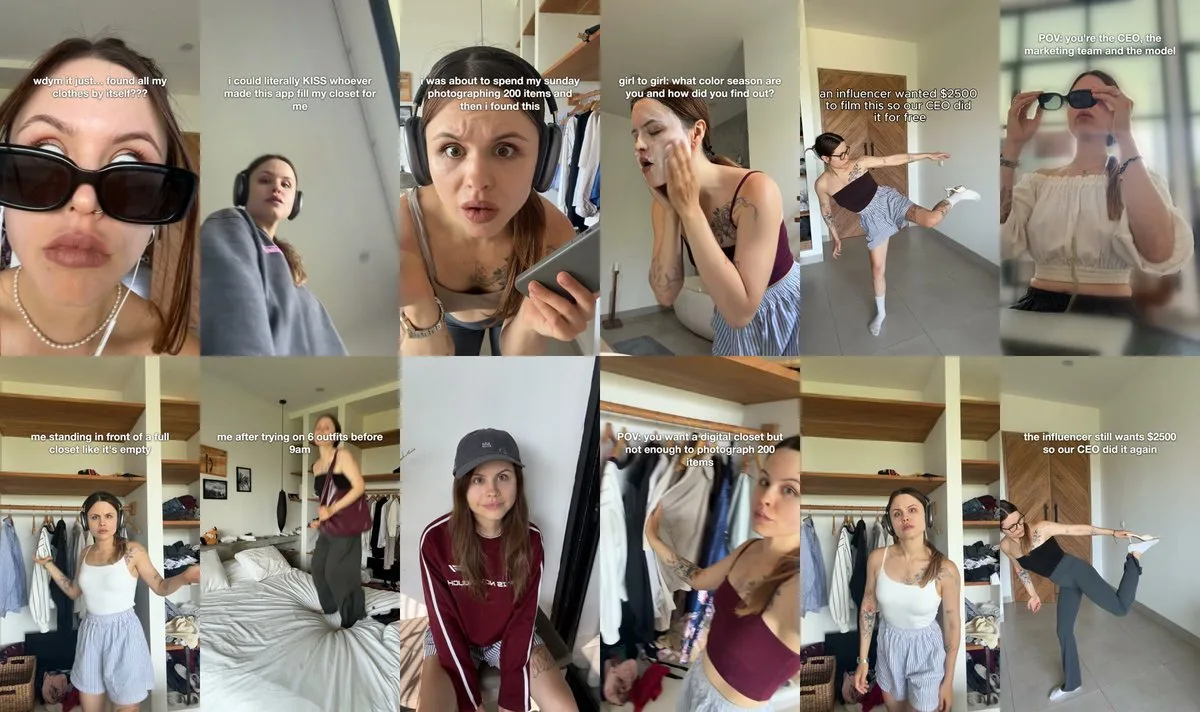 Grid of twelve founder-filmed vertical videos for a closet app, each with a lowercase TikTok-style hook such as "wdym it just found all my clothes by itself???"