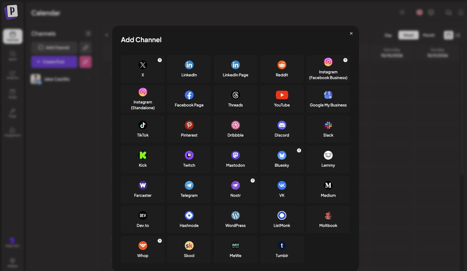 Postiz Add Channel screen with X, LinkedIn, Reddit, Instagram, Facebook Page, Threads, YouTube, TikTok, Pinterest and more than 20 other channels