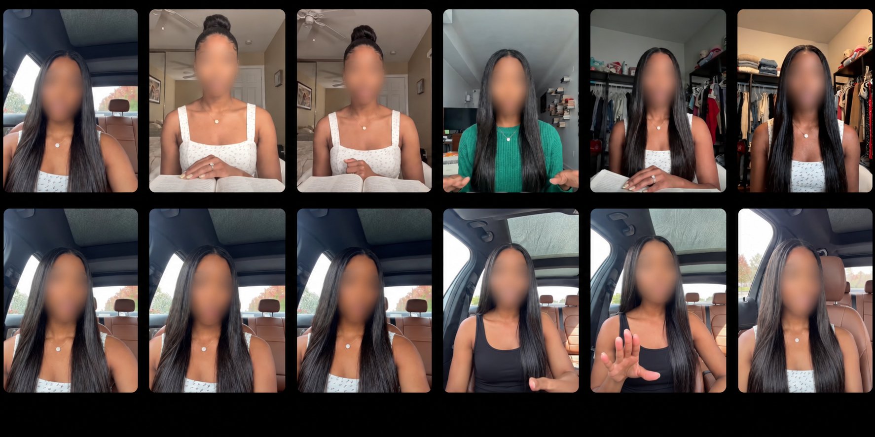 Grid of twelve vertical video frames of the same creator style in cars and bedrooms, faces blurred, used as reference for AI replicas