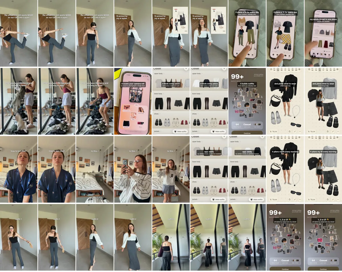 Four finished vertical videos shown frame by frame, each opening on a founder reaction hook and cutting to screens of the closet app scanning photos and building outfits
