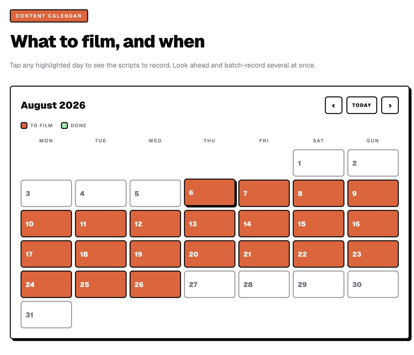 Creator content calendar for August 2026 titled What to film and when, with most days highlighted in orange as To film