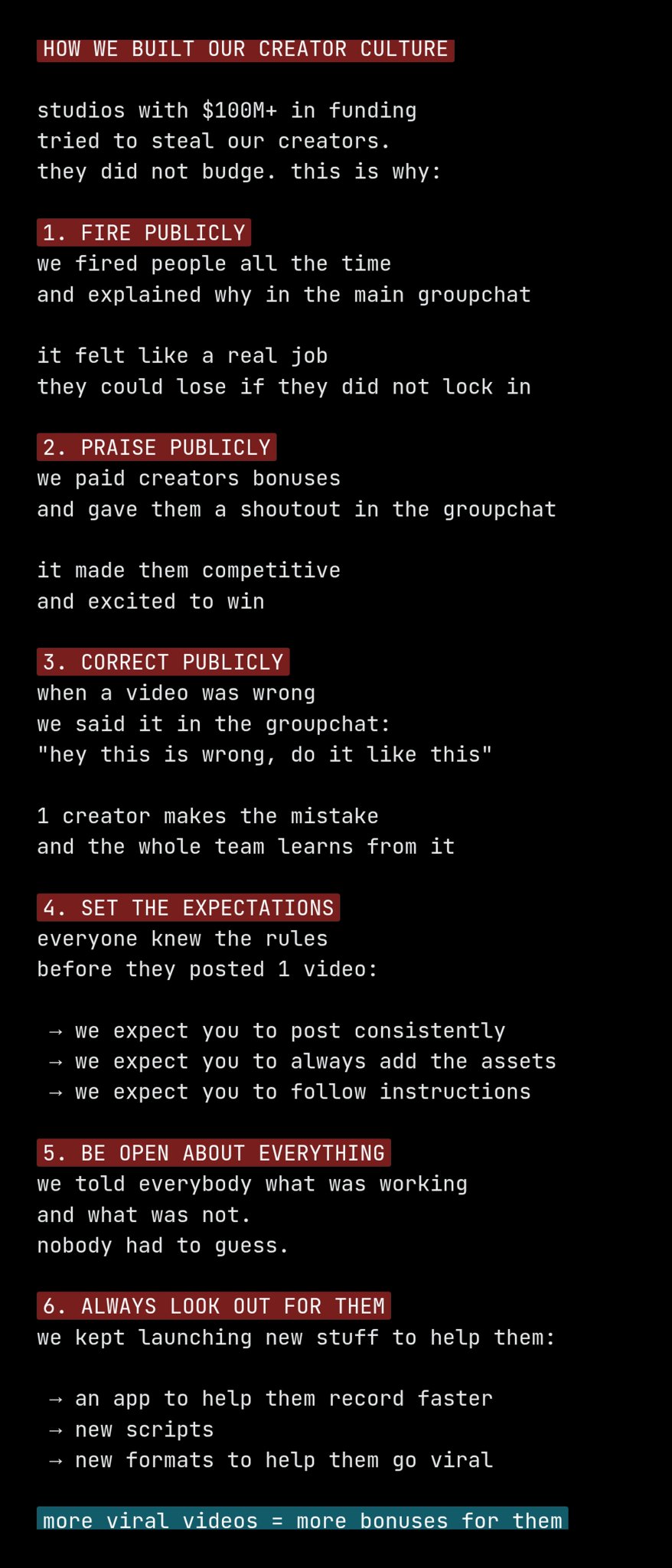 Six culture rules for UGC creators: fire publicly, praise publicly, correct publicly, set the expectations, be open about everything, always look out for them