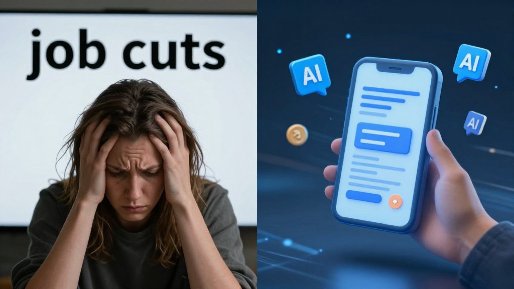 A split image showing contrasting scenes: one side depicts a person looking concerned at a job cuts headline on a screen, and the other side shows a fast-moving payment transaction graphic.
