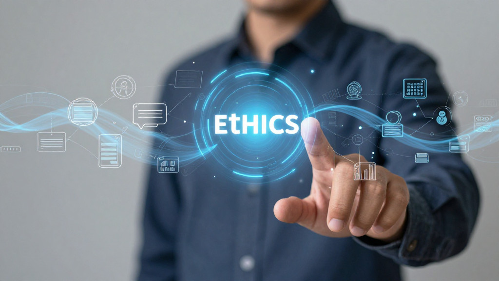 A conceptual image showing a person interacting with an AI interface, with abstract representations of data, ethics, and job skills.