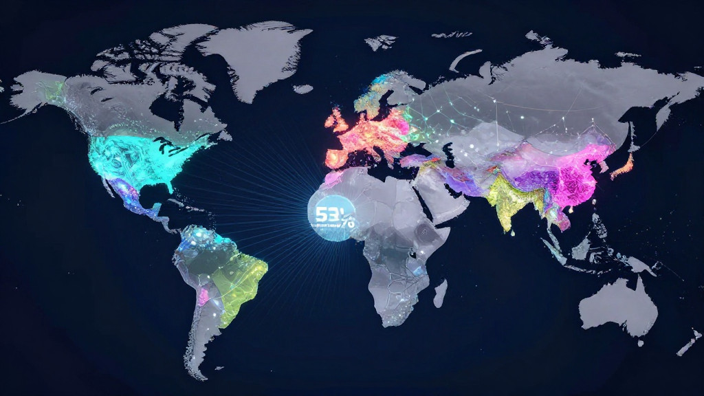 A global map with vibrant, interconnected nodes representing AI adoption hot spots, with larger clusters in the UAE and Singapore.