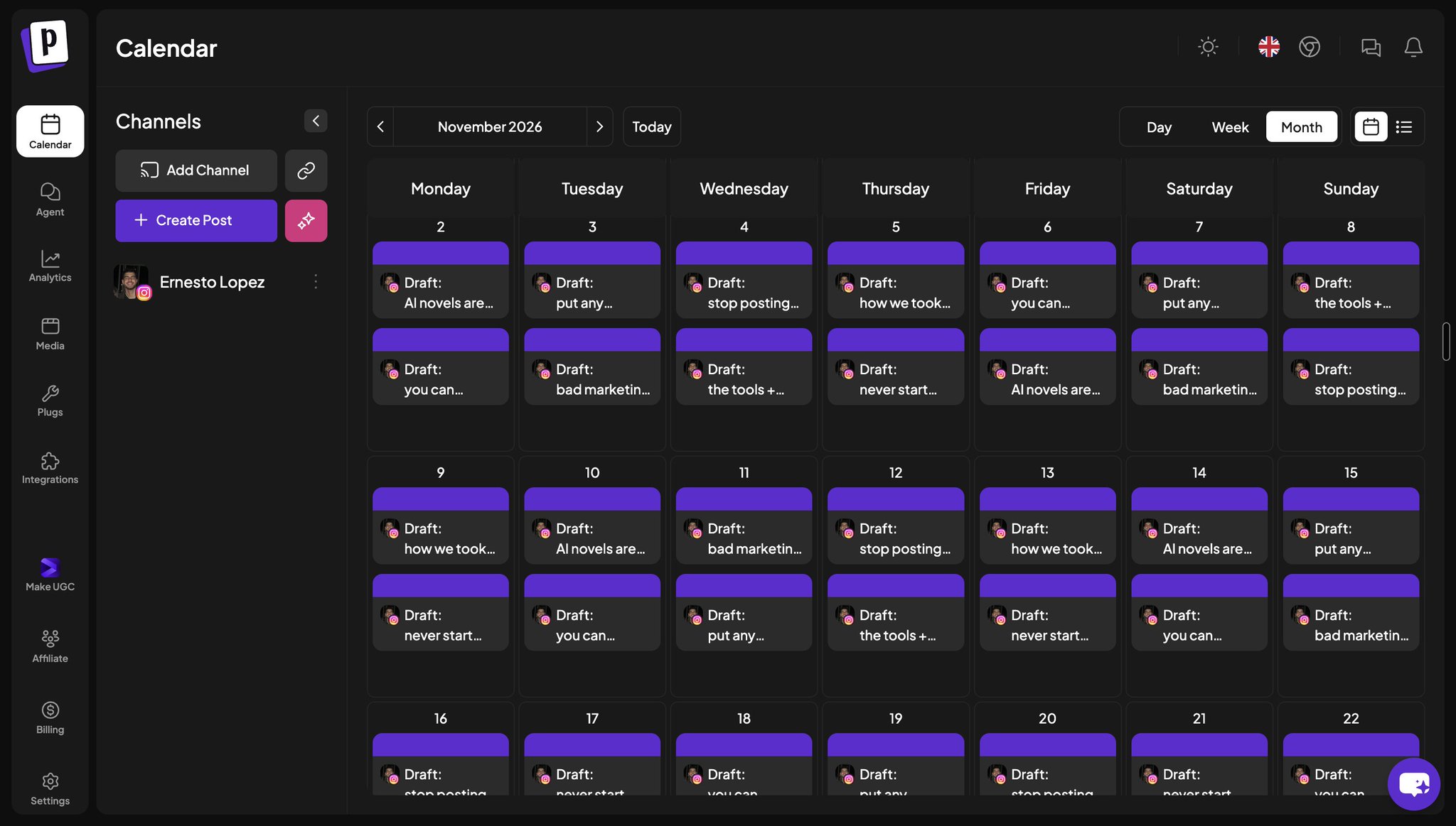 Postiz calendar in month view for November 2026 with two scheduled drafts on every day for a connected Instagram account