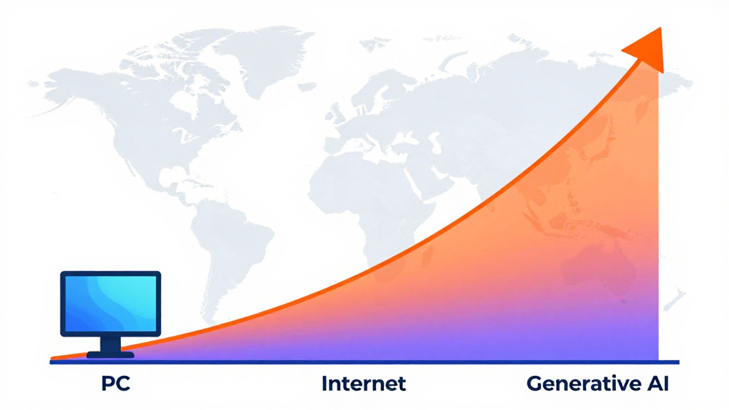 A vibrant graphic illustrating the adoption curves of the PC, internet, and generative AI, showing the generative AI curve rising much steeper and faster than previous technologies.