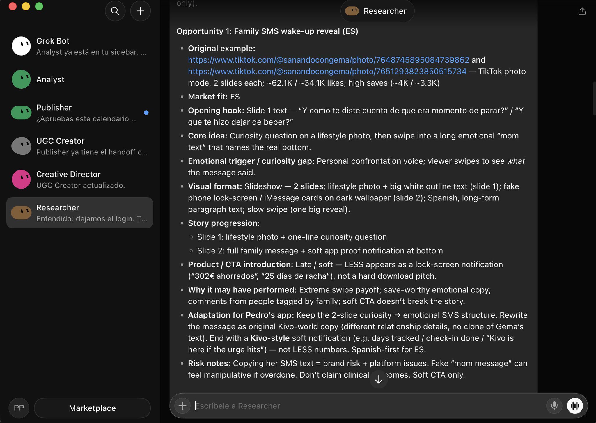 Grok Bot Researcher output listing a TikTok opportunity with original example links, hook, core idea, visual format, story progression, product introduction and risk notes