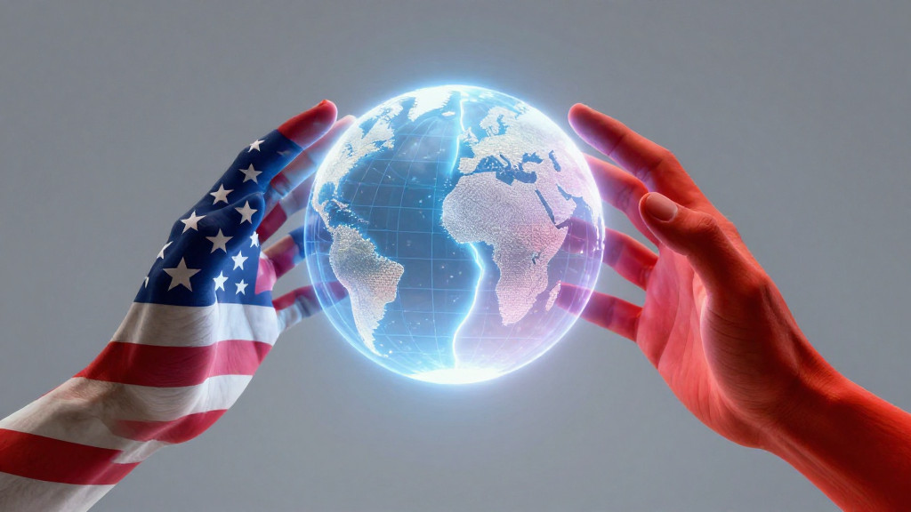 A conceptual image showing two hands, one with a US flag pattern and one with a Chinese flag pattern, reaching for a glowing AI globe.
