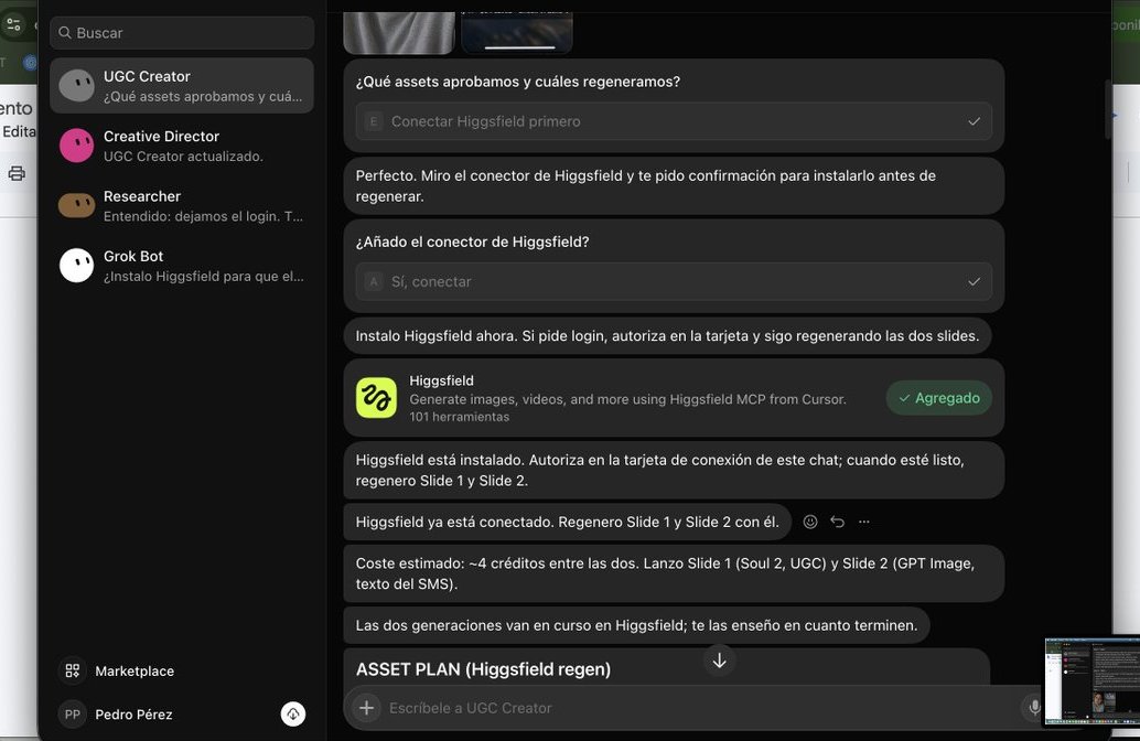 Grok Bot UGC Creator chat installing the Higgsfield connector, showing the plugin added and the Bot regenerating slide 1 and slide 2