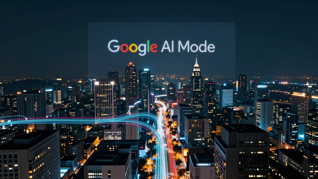 Digital cityscape at night featuring glowing data traffic lines and a Google AI Mode interface overlay.