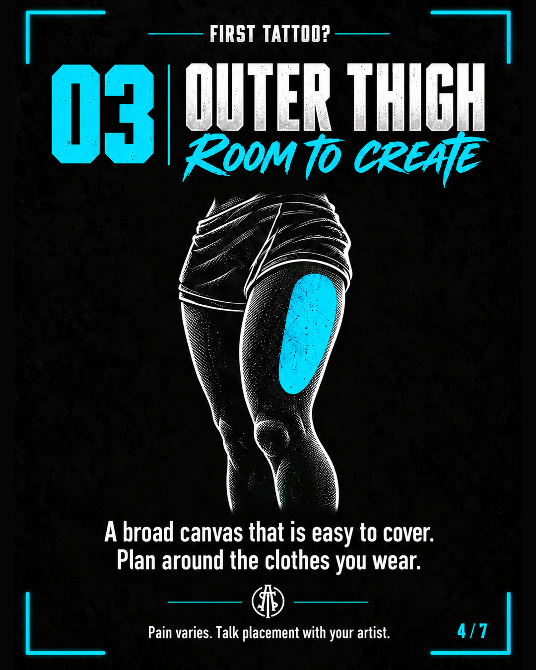 Outer thigh highlighted in cyan, showing a broad area for a tattoo design.