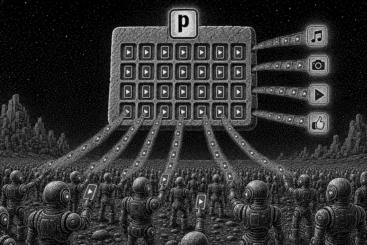 Stipple illustration of an android army sending vertical videos into a giant calendar with the Postiz logo, which sends them on to TikTok, Instagram, YouTube and Facebook style icons