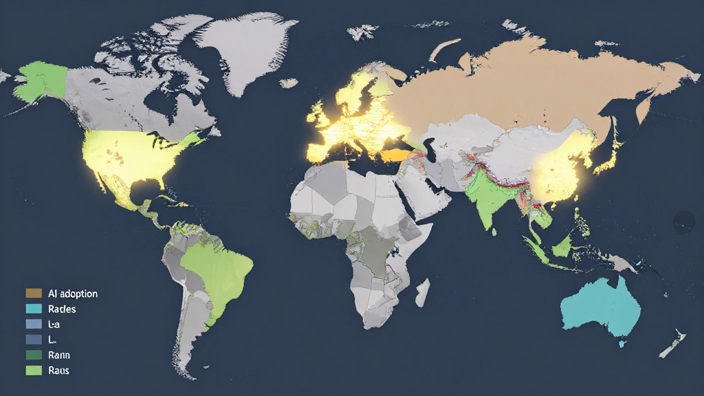 A world map infographic with countries color-coded by AI adoption rates. Regions like the UAE and Singapore glow brightly, while others show varying shades of adoption.