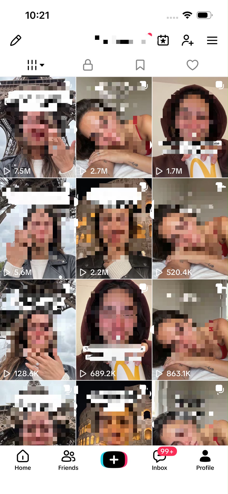 TikTok profile grid showing organic videos with 7.5M, 5.6M, 2.7M and 2.2M views from the AI marketing workflow