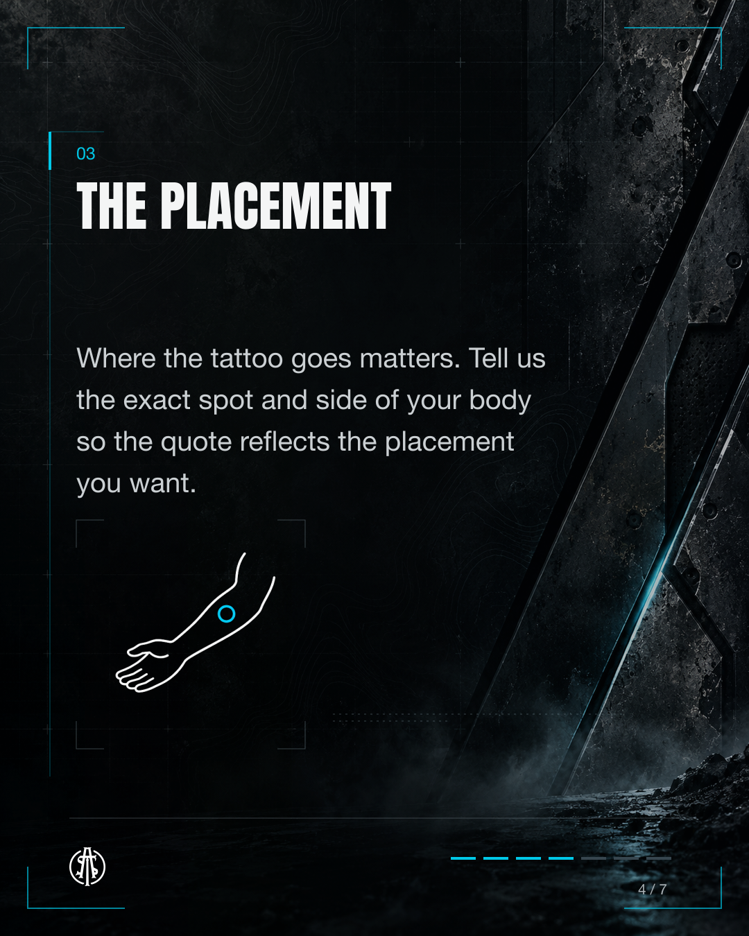 Specify the exact placement and side of the body for the tattoo quote.