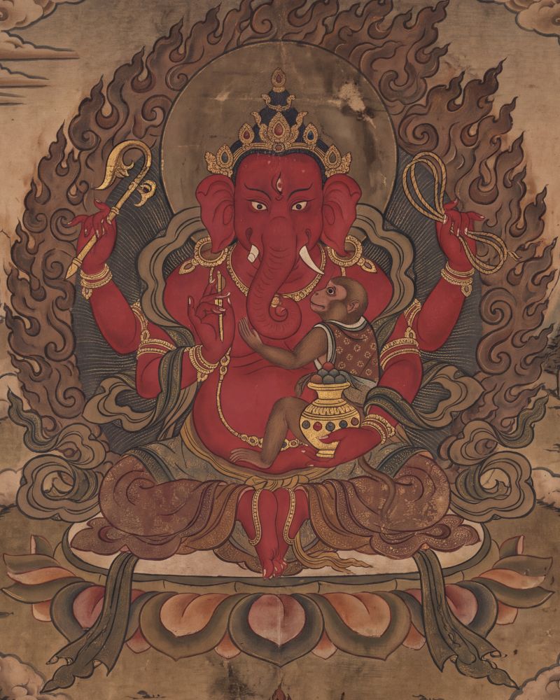 Painting of a red Ganapati seated on a lotus inside a ring of flames, holding a hook and a noose, with a monkey beside him holding a jewel vase