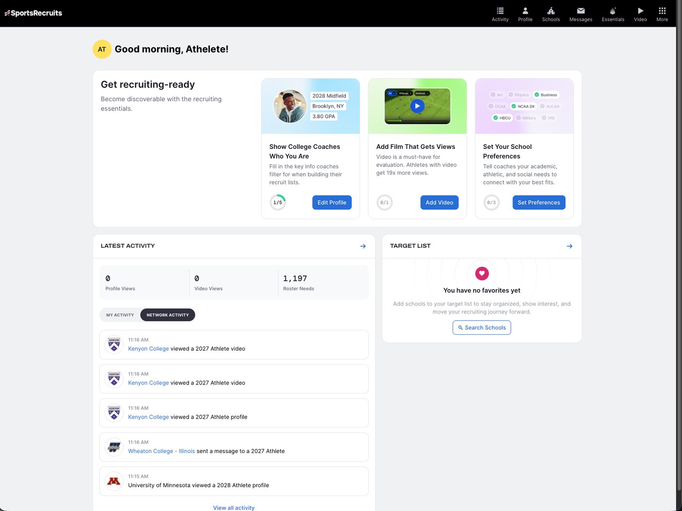 The SportsRecruits recruiting dashboard included with membership