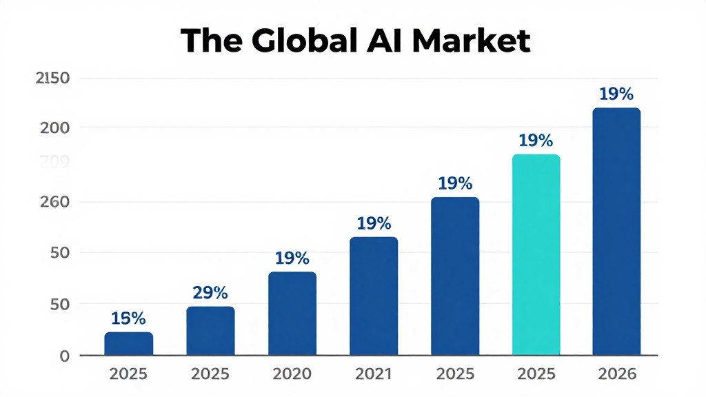 A bar chart illustrating the growth of the global AI market from 2025 to 2026, with the 19% jump highlighted.
