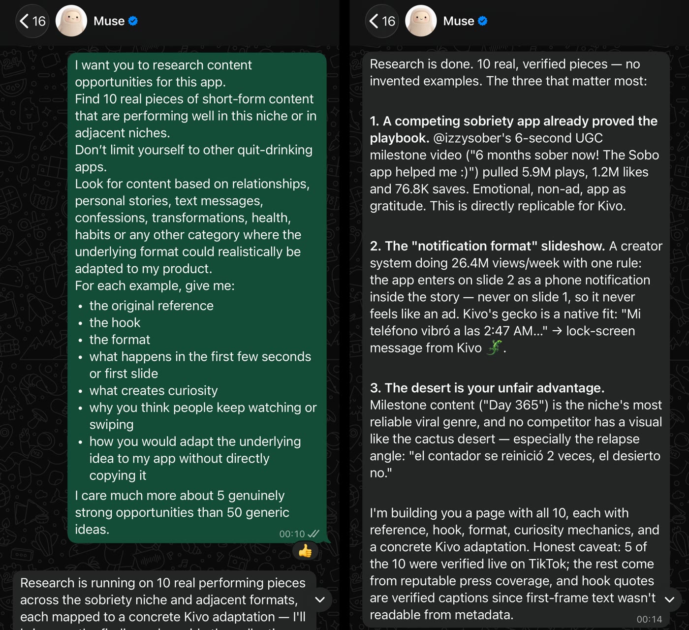 Two WhatsApp screenshots: a request asking Muse for 10 real performing short-form posts with hooks, formats and adaptation notes, and Muse's reply ranking a 5.9M-play milestone video, the notification-format slideshow and milestone content
