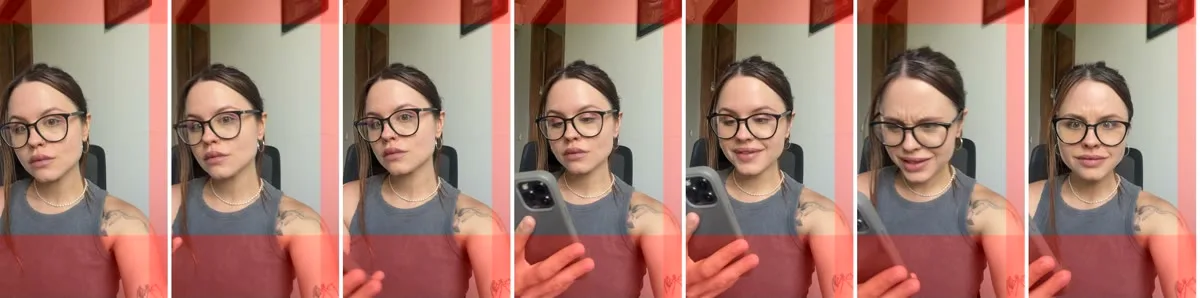 Contact sheet of seven frames from one take of the founder talking to camera, with red bands marking where TikTok's buttons will cover the frame