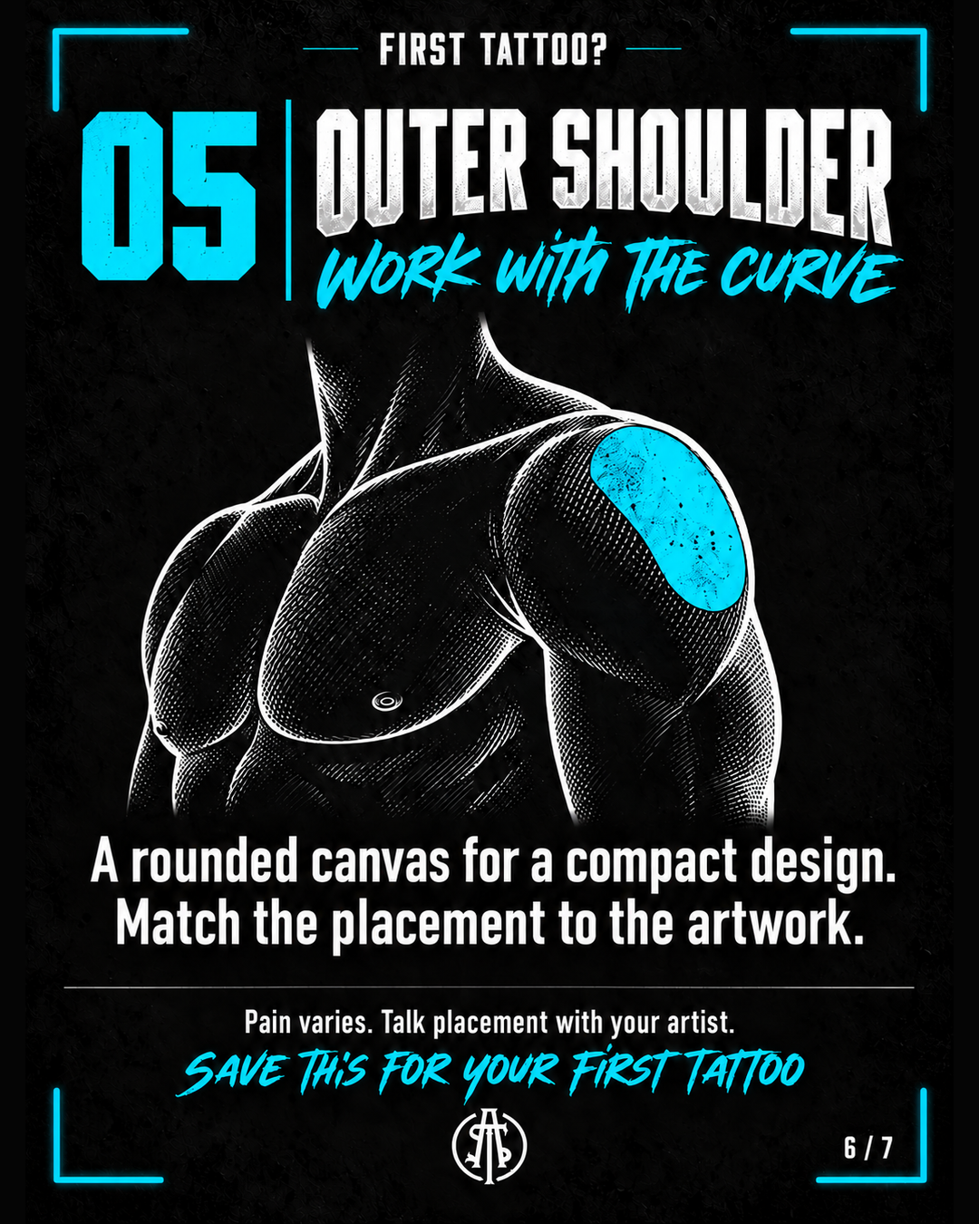 Outer shoulder highlighted in cyan, showing how a compact tattoo can follow the shoulder curve.