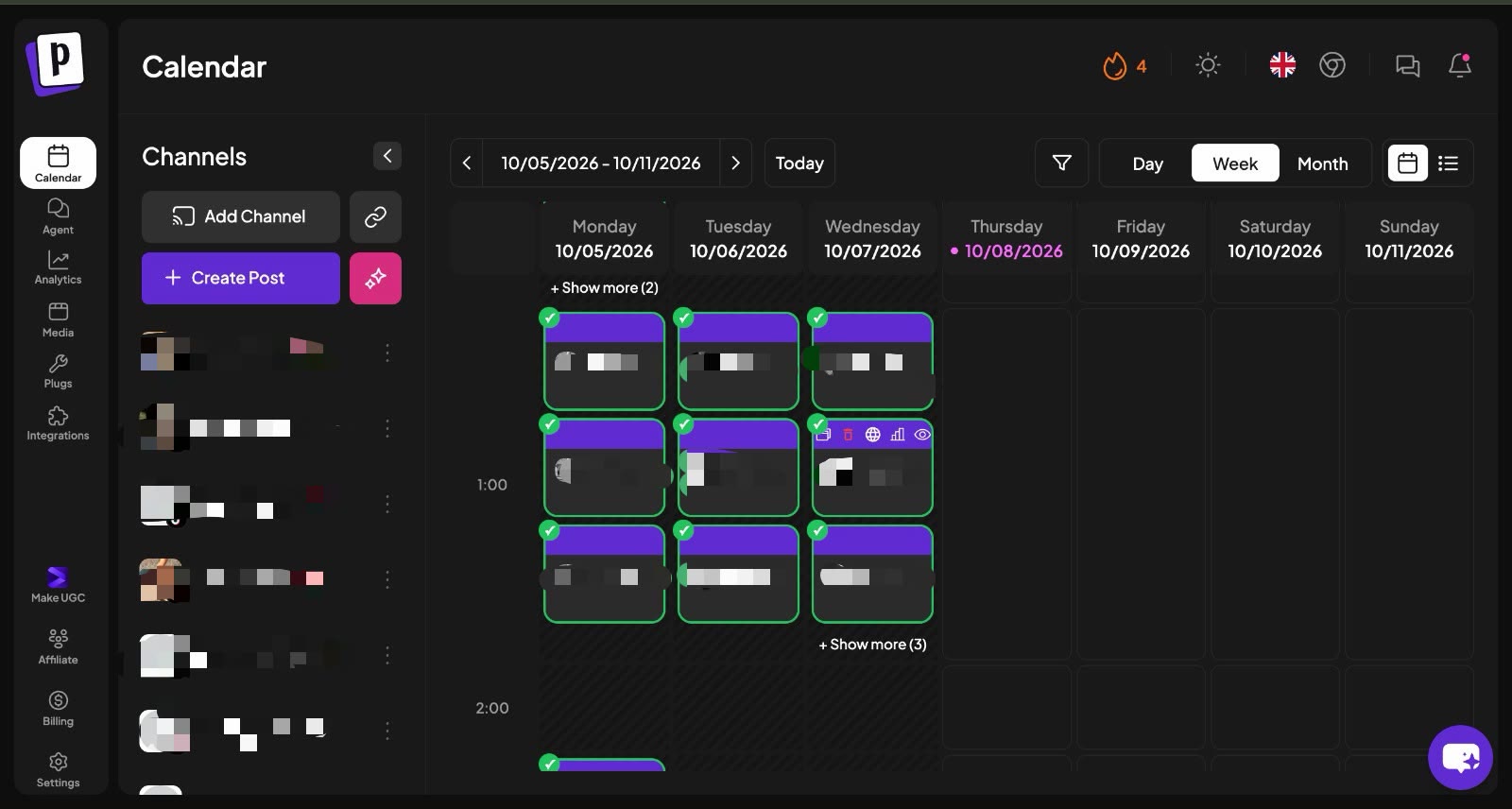 Postiz calendar in week view for October 5 to 11, 2026, showing the experiment's published TikTok posts on Monday, Tuesday and Wednesday across several connected channels
