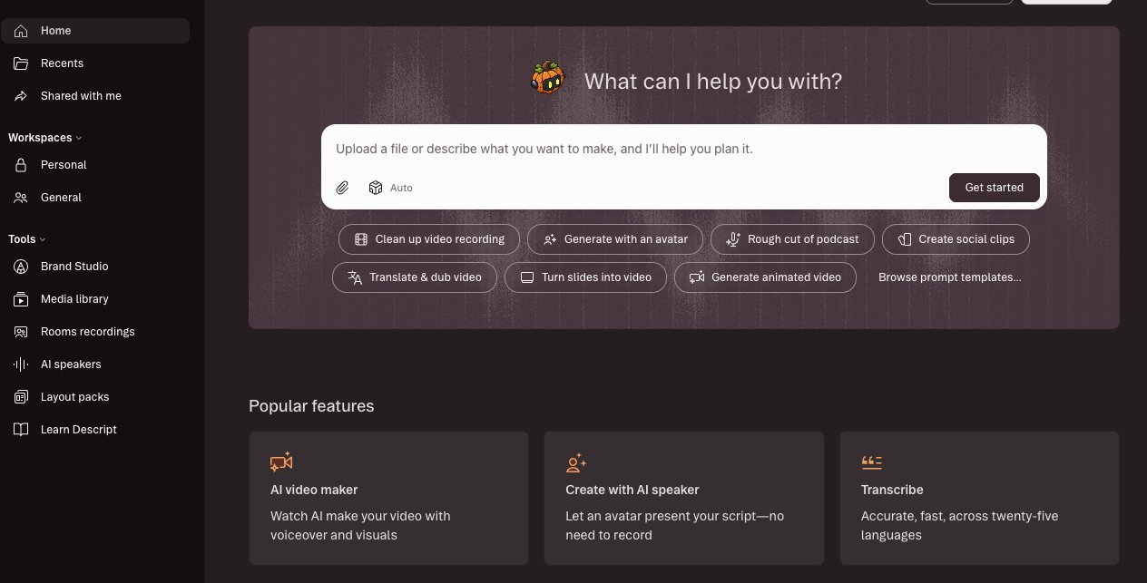 Descript home screen with AI video tools and accurate transcription across twenty-five languages
