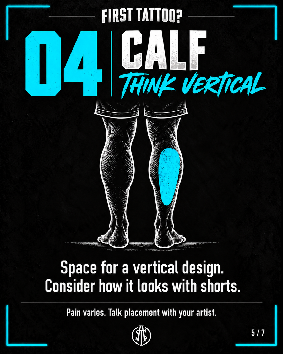 Calf highlighted in cyan, with tips about vertical designs and visibility in shorts.