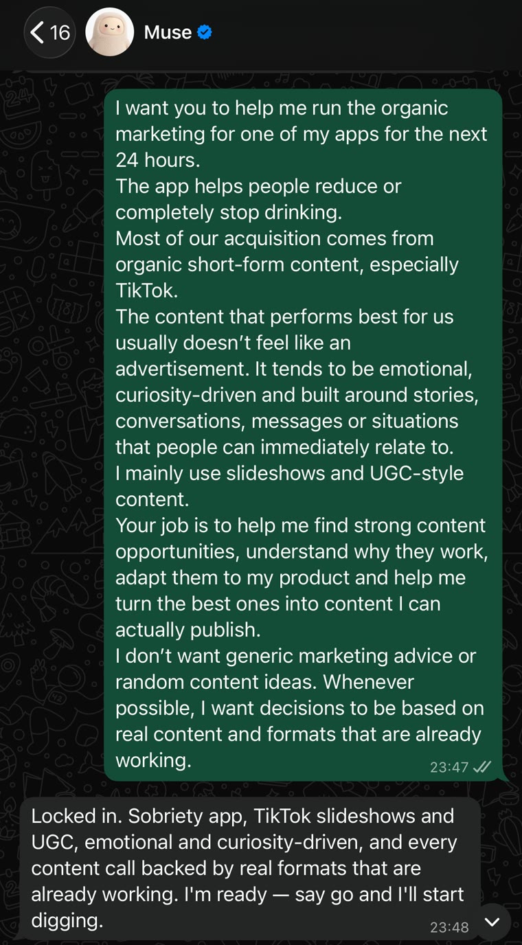 WhatsApp message briefing Meta Muse on a sobriety app, its TikTok slideshow and UGC formats and the content rules, with Muse replying that it is ready to start researching