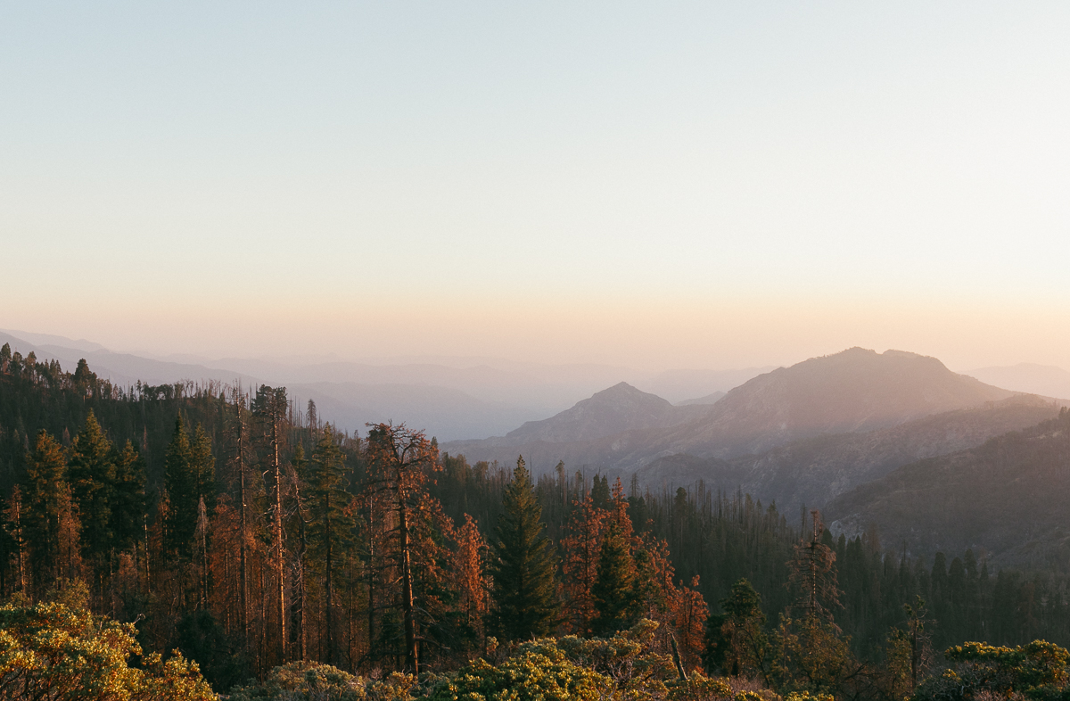 Sierra foothills mountain vista at golden hour from a Sequoia National Park overlook