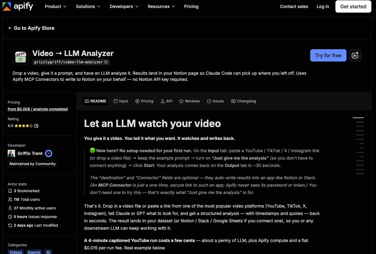 Apify Store page for the Video to LLM Analyzer Actor, which lets an LLM watch a video and write back an analysis