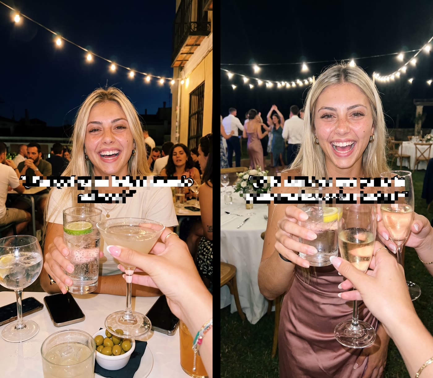 Two AI-generated TikTok slideshow hooks made by Muse: a smiling woman raising a glass on a night-time terrace, and another at an outdoor wedding party, both with the same outlined text style