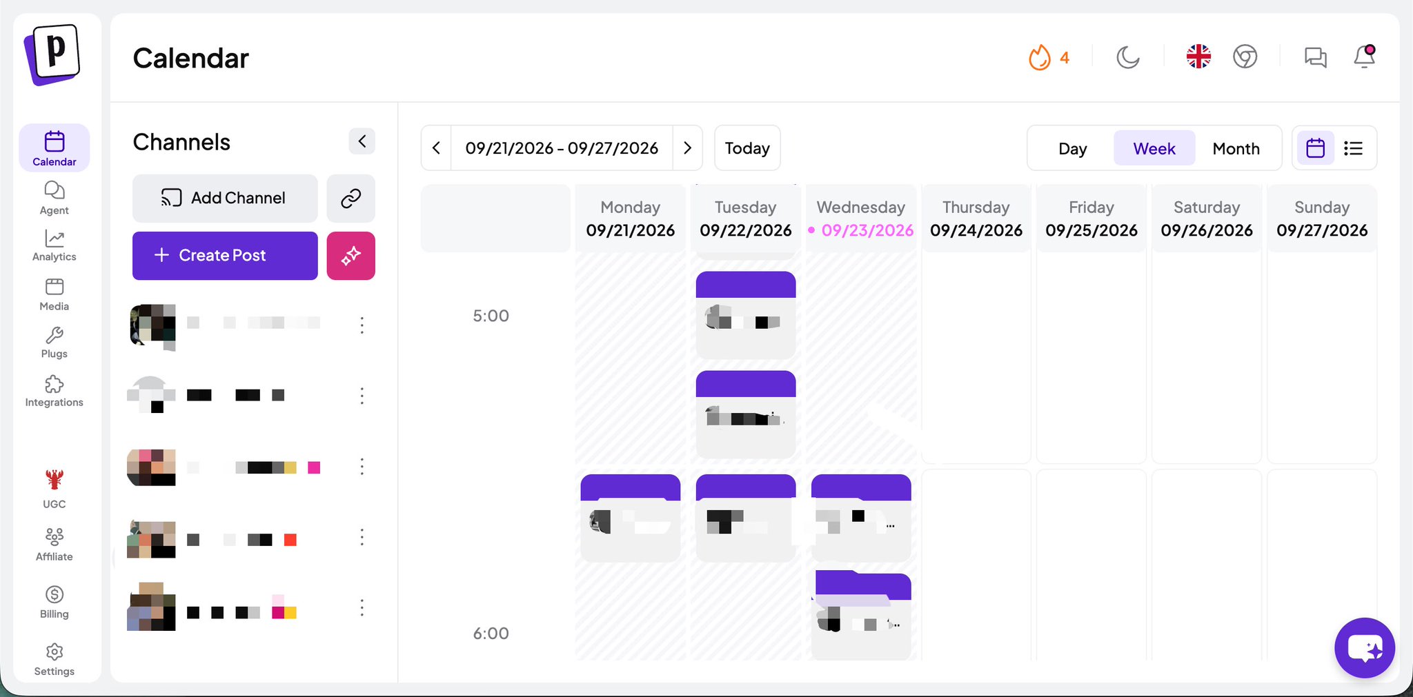 Postiz weekly calendar view with posts scheduled across five connected channels, prepared by the Grok Bot Publisher for approval
