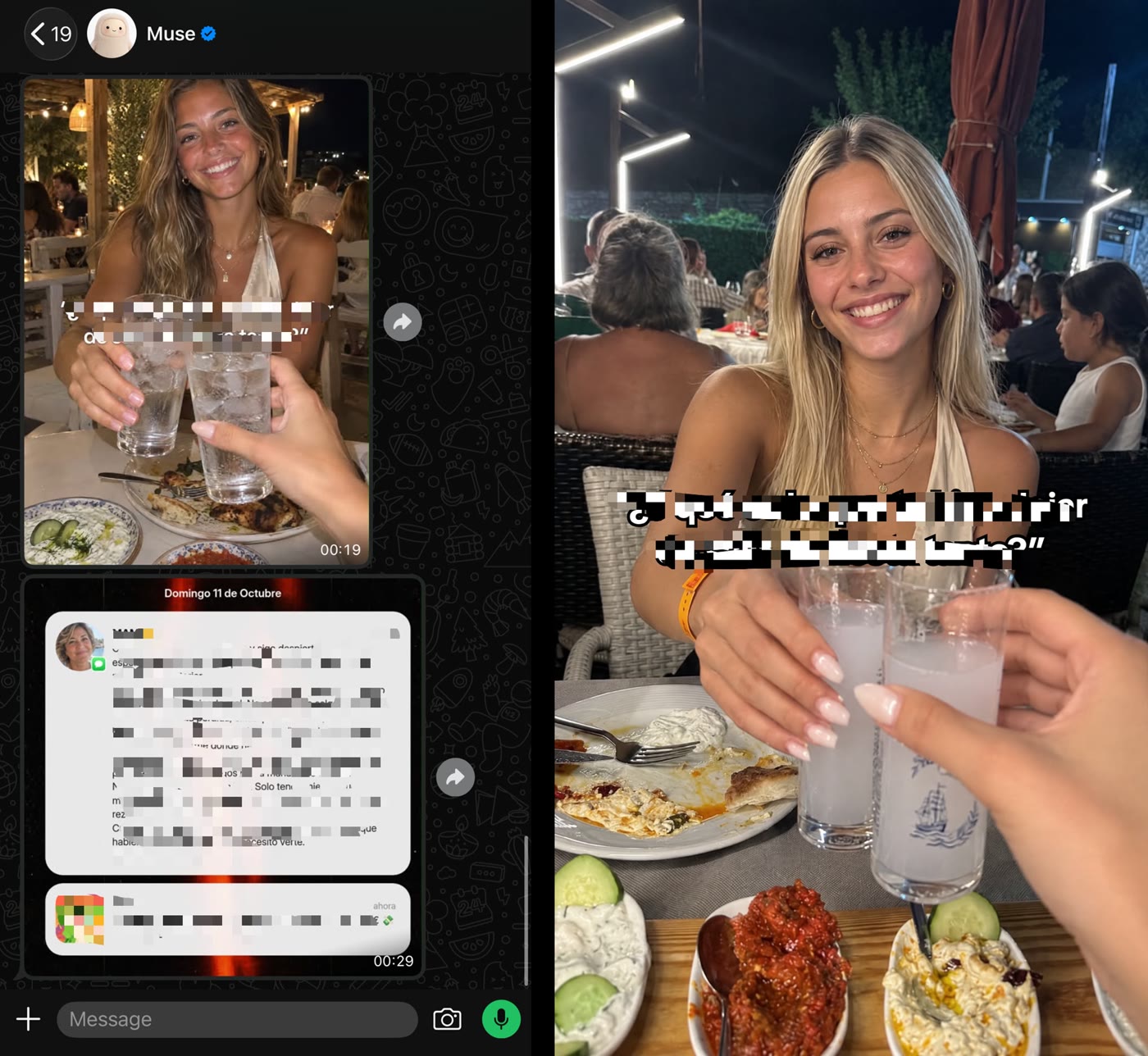 Side by side: Muse's first slideshow draft in WhatsApp with a dinner photo hook and a lock-screen payoff slide, and the reworked hook image with white text and a black outline