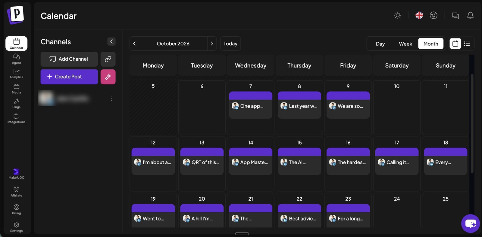 Postiz calendar in month view with a scheduled post on almost every day of October 2026