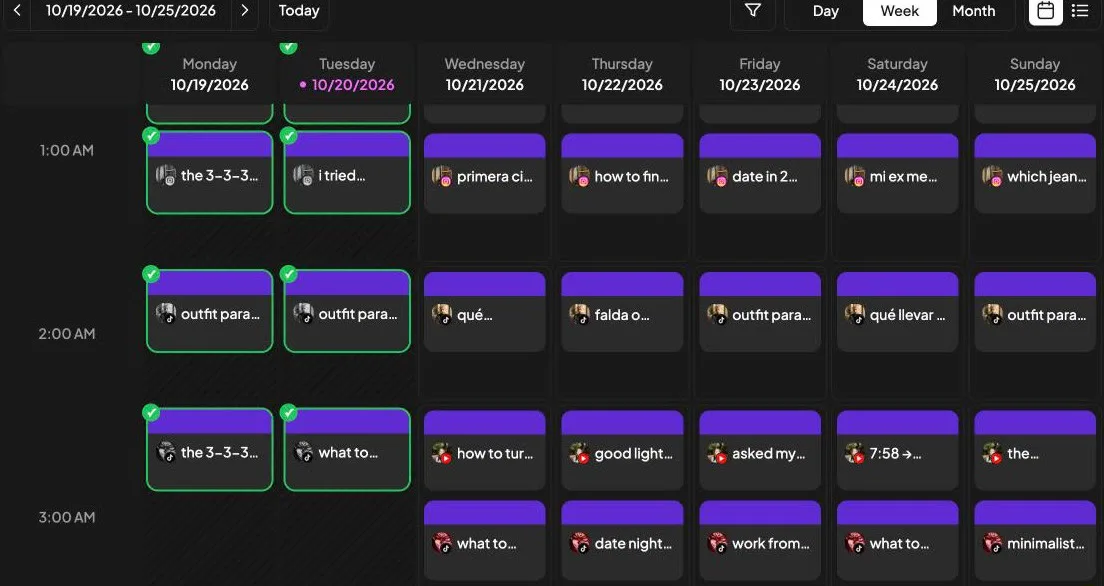 Postiz week calendar for October 19 to 25, 2026, filled with scheduled Instagram, TikTok and YouTube video posts, with published posts marked by green checks