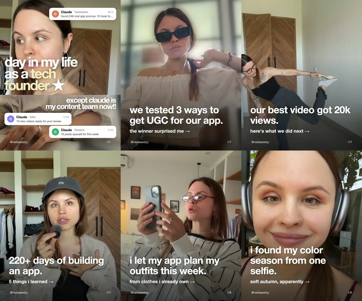 Six Instagram carousel covers made from the same footage, including "day in my life as a tech founder, except claude is my content team now" and "we tested 3 ways to get UGC for our app"