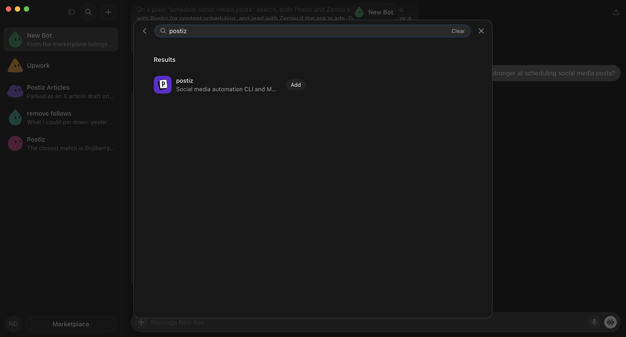 Grok Bot Marketplace search for postiz showing the Postiz plugin, Social media automation CLI and MCP, with an Add button