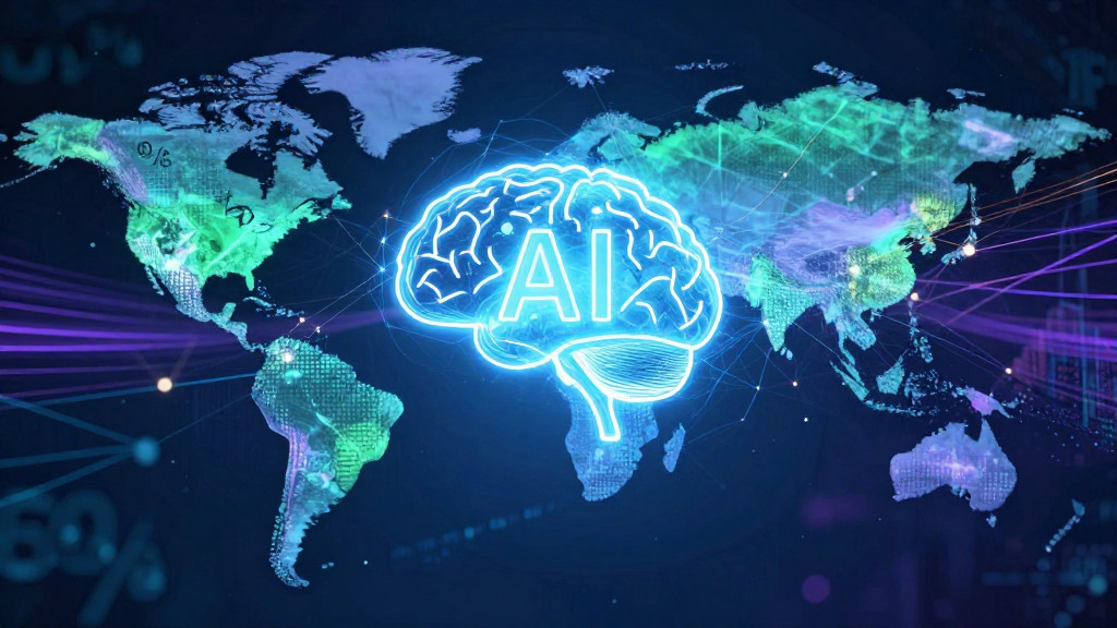 An abstract, dynamic image showing a global network of interconnected digital nodes and lines, with a central glowing AI brain symbolizing rapid adoption.