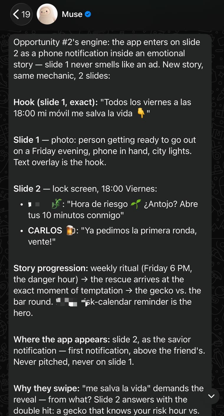 Muse's TikTok slideshow concept in WhatsApp: the exact Spanish hook for slide 1, a Friday-night photo, a lock-screen notification on slide 2, the story progression and where the app appears
