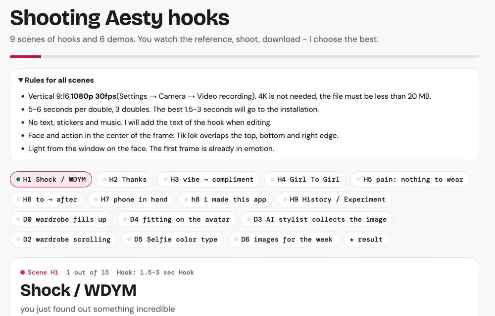 Shoot page titled Shooting Aesty hooks, with rules for all scenes and chips for 9 hook scenes and 6 app demos