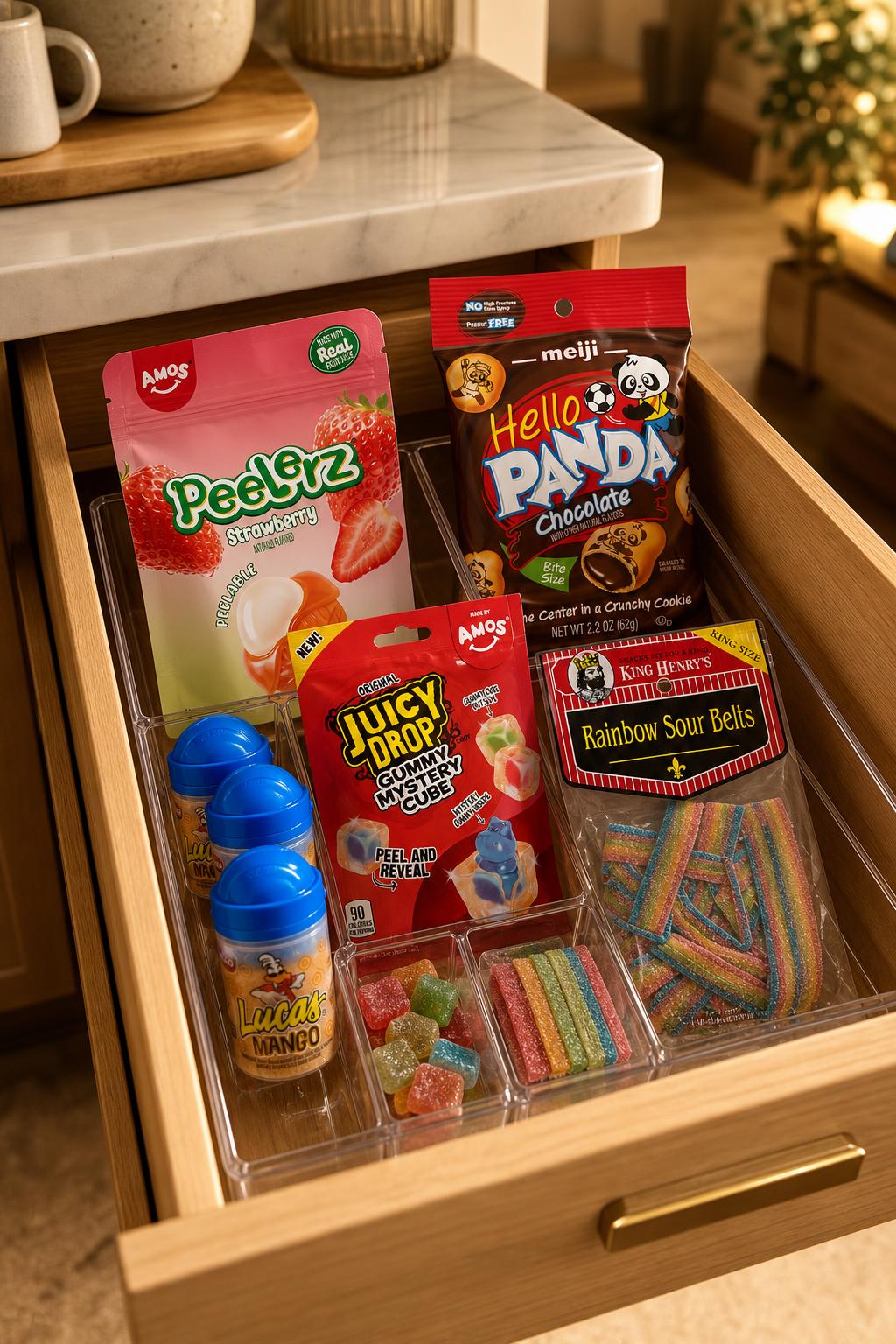 Pinterest image for Imported Candy Snack Drawer Ideas That Stay Useful