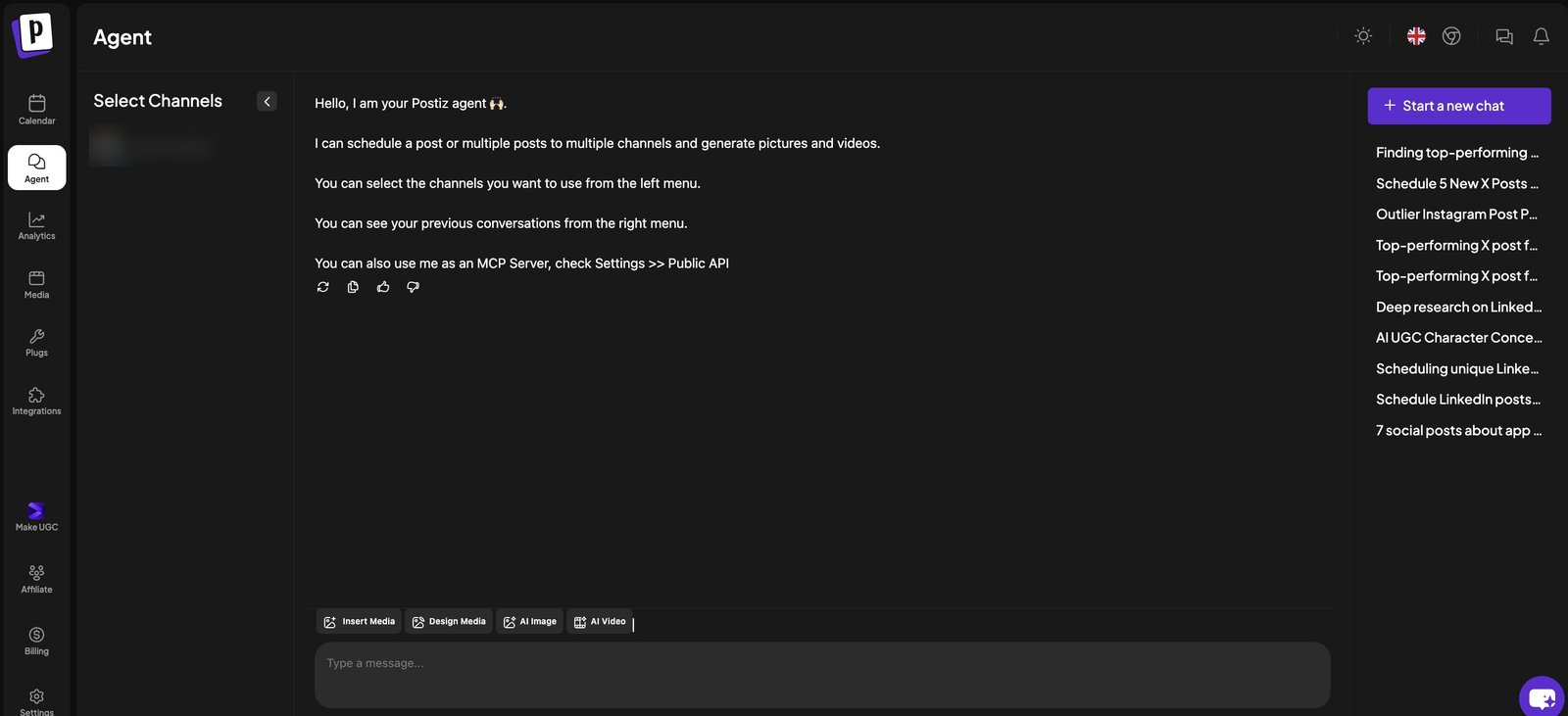Postiz AI agent chat: it can schedule posts to multiple channels, generate pictures and videos, and be used as an MCP server
