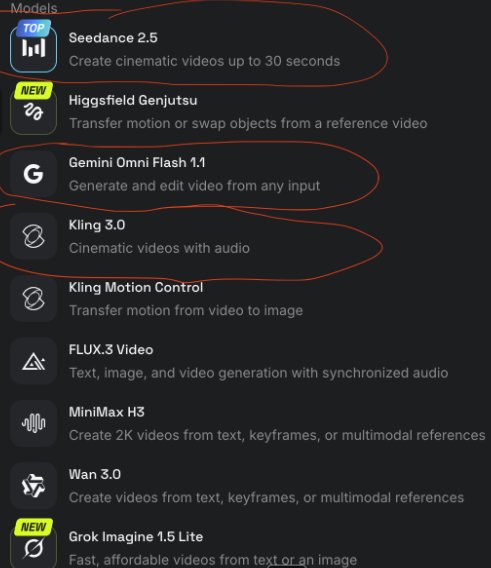 Higgsfield video model list with Seedance 2.5, Gemini Omni Flash 1.1 and Kling 3.0 circled